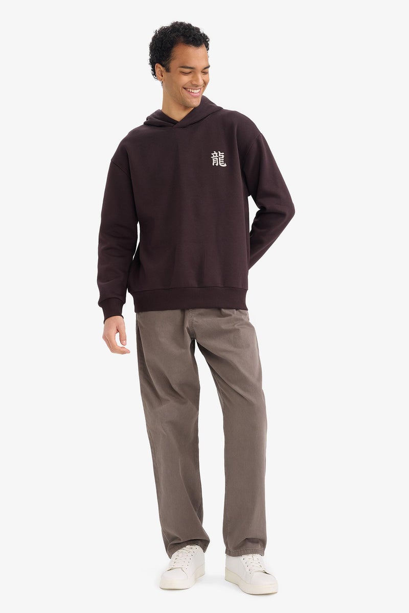 DeFacto Brown Man Boxy Fit Printed Long Sleeve Hoodie Casual - Image 2